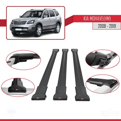 Compatible avec Kia Mohave (HM) 2008-2019 FLY Model Barres de Toit Railing Porte-Bagages de Voiture Noir Aluminium 3 Barres