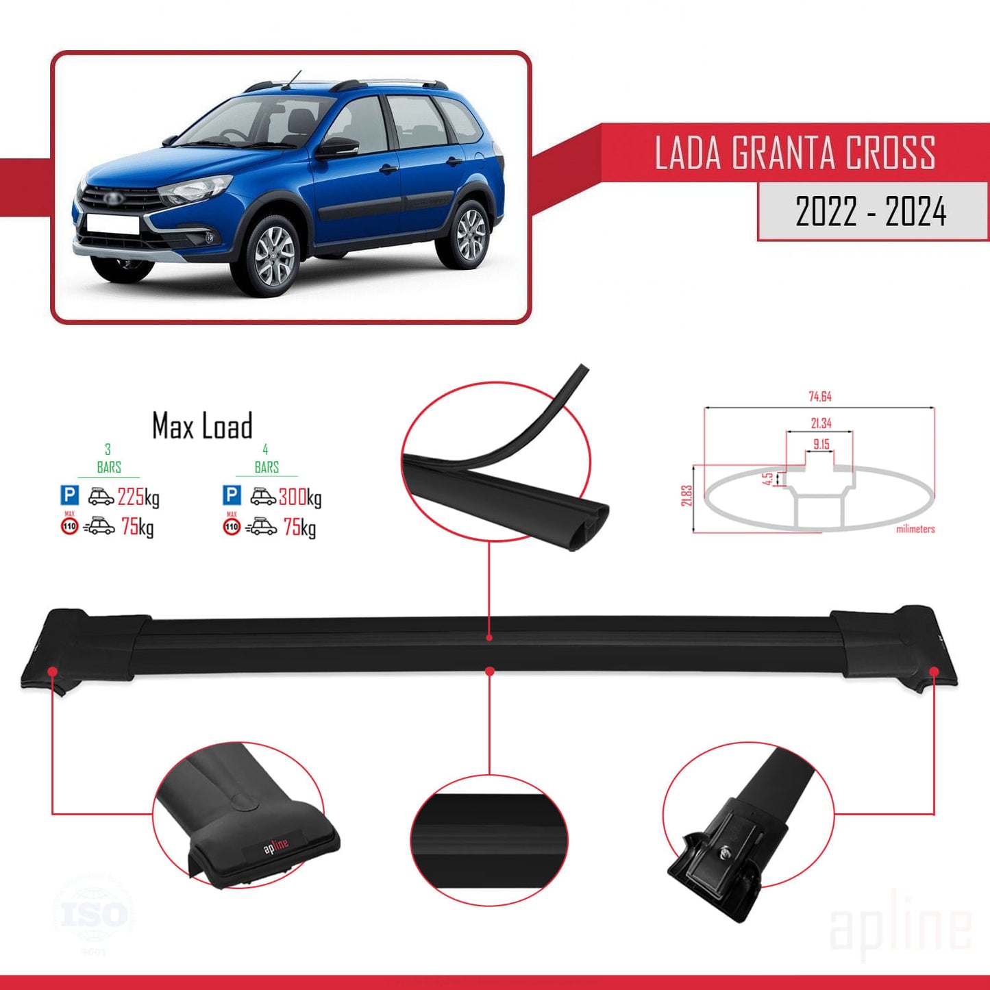 Compatible avec Lada Granta Cross 2022-2024 FLY Model Barres de Toit Railing Porte-Bagages de Voiture Noir Aluminium 3 Barres