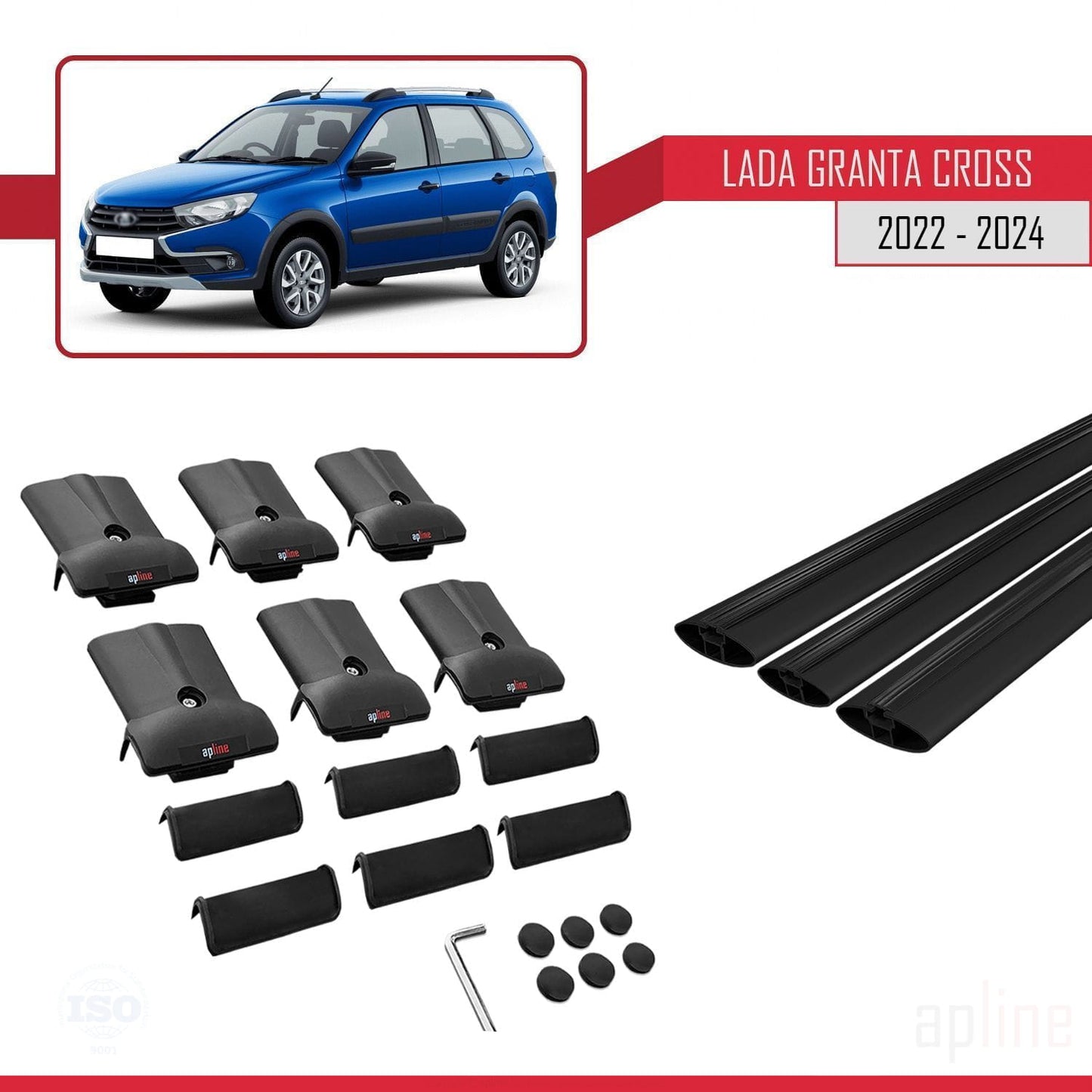 Compatible avec Lada Granta Cross 2022-2024 FLY Model Barres de Toit Railing Porte-Bagages de Voiture Noir Aluminium 3 Barres