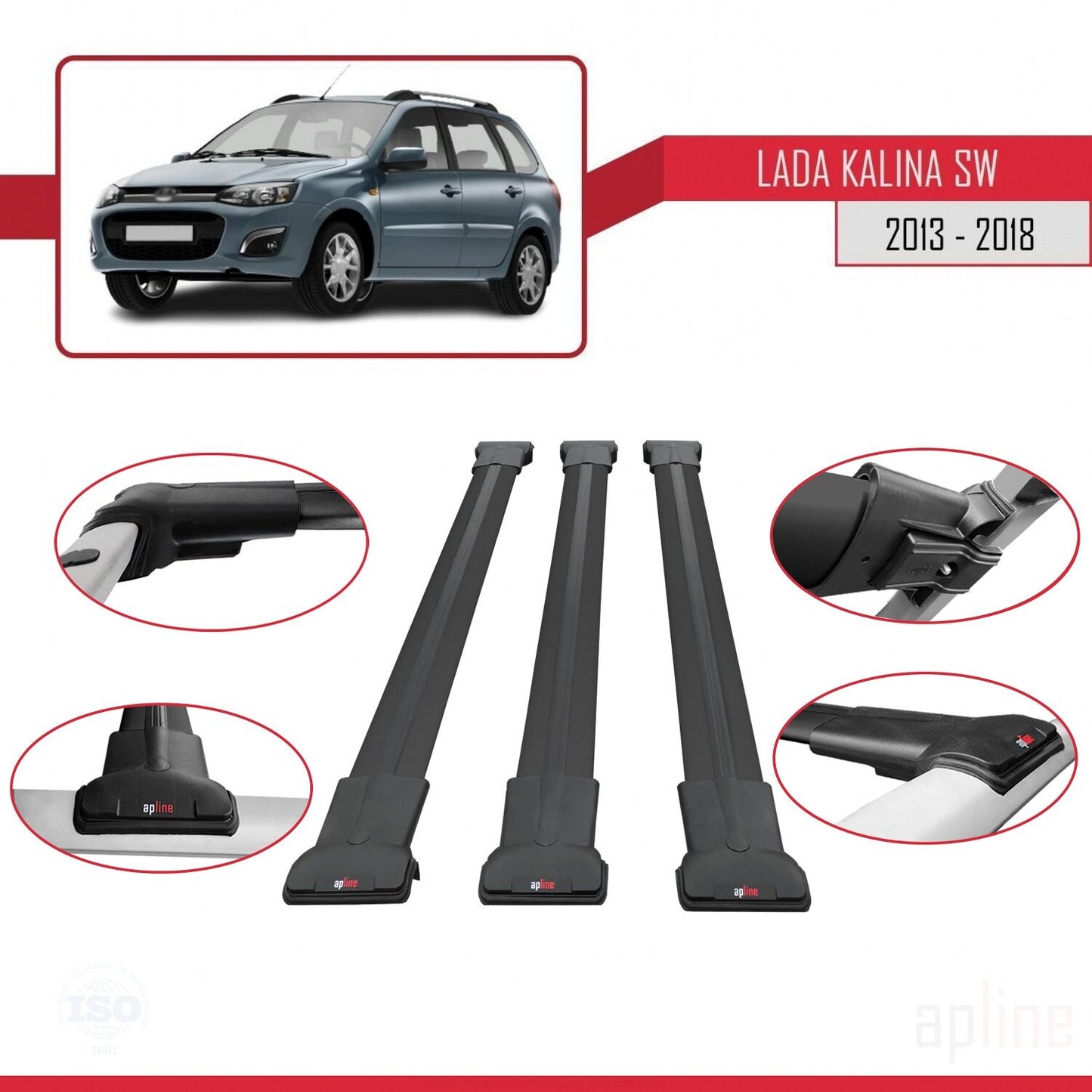 Compatible avec Lada Kalina 2 Break 2013-2018 FLY Model Barres de Toit Railing Porte-Bagages de Voiture Noir Aluminium 3 Barres