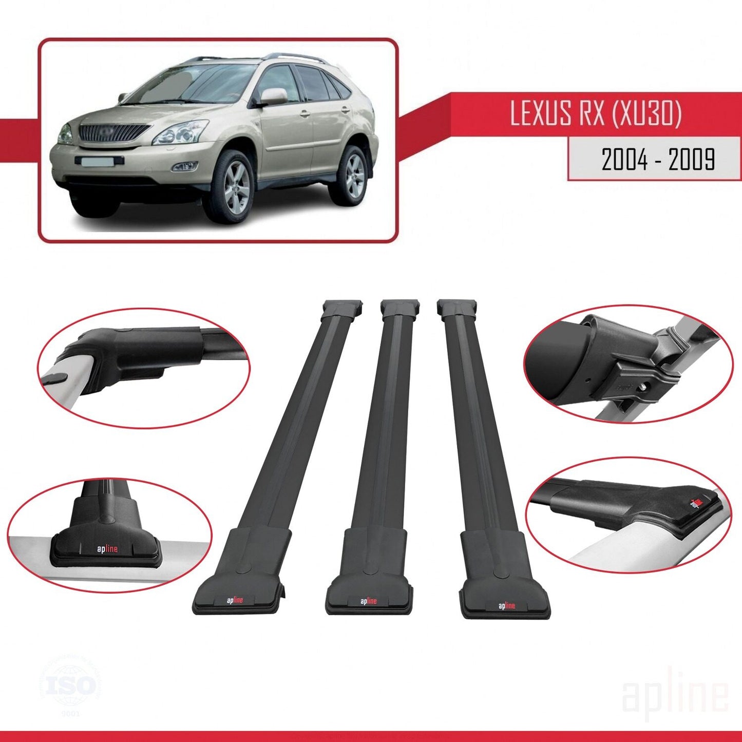 Compatible avec Lexus RX 2 (XU30) 2004-2009 FLY Model Barres de Toit Railing Porte-Bagages de Voiture Noir Aluminium 3 Barres