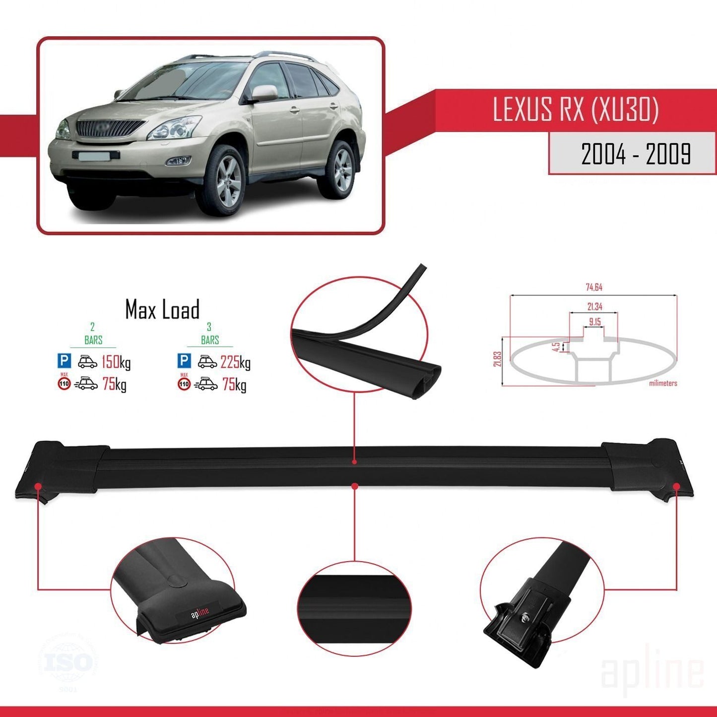 FLY Model Dakdrager bagagedrager compatibel met Lexus RX 2 (XU30) 2004-2009 Spoorstaven Zwart Aluminium 2 Staven