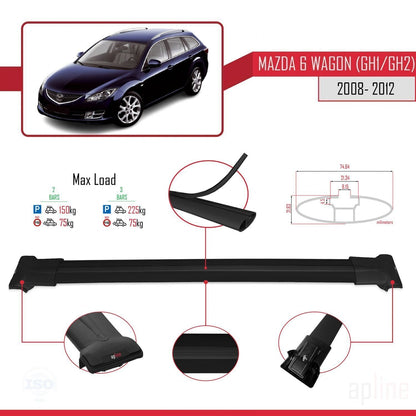 Compatible avec Mazda 6 II (GZ) Wagon 2008-2012 FLY Model Barres de Toit Railing Porte-Bagages de Voiture Noir Aluminium 2 Barres