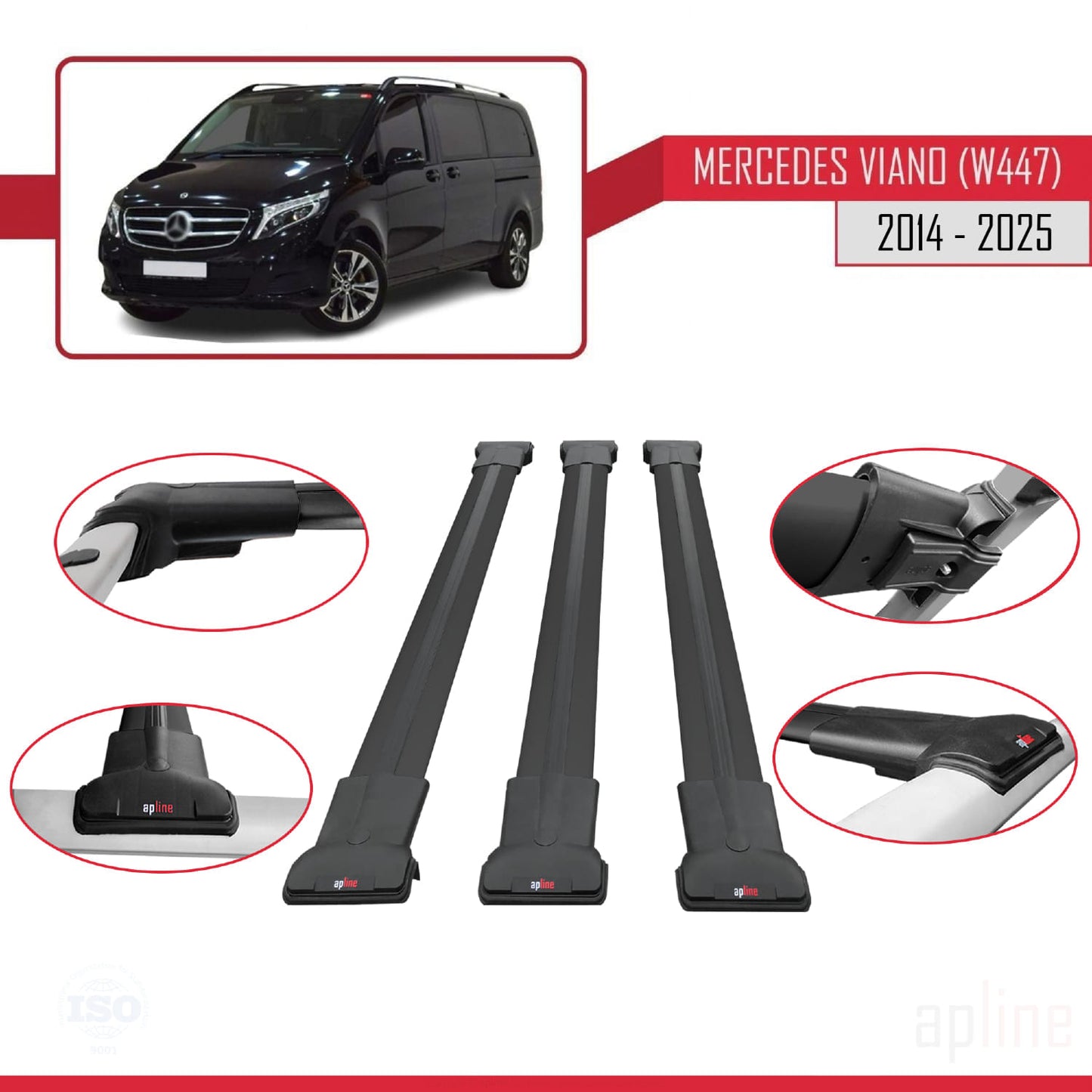 Compatible avec Mercedes Viano 3 (W447) 2014-2025 FLY Model Barres de Toit Railing Porte-Bagages de Voiture Noir Aluminium 3 Barres