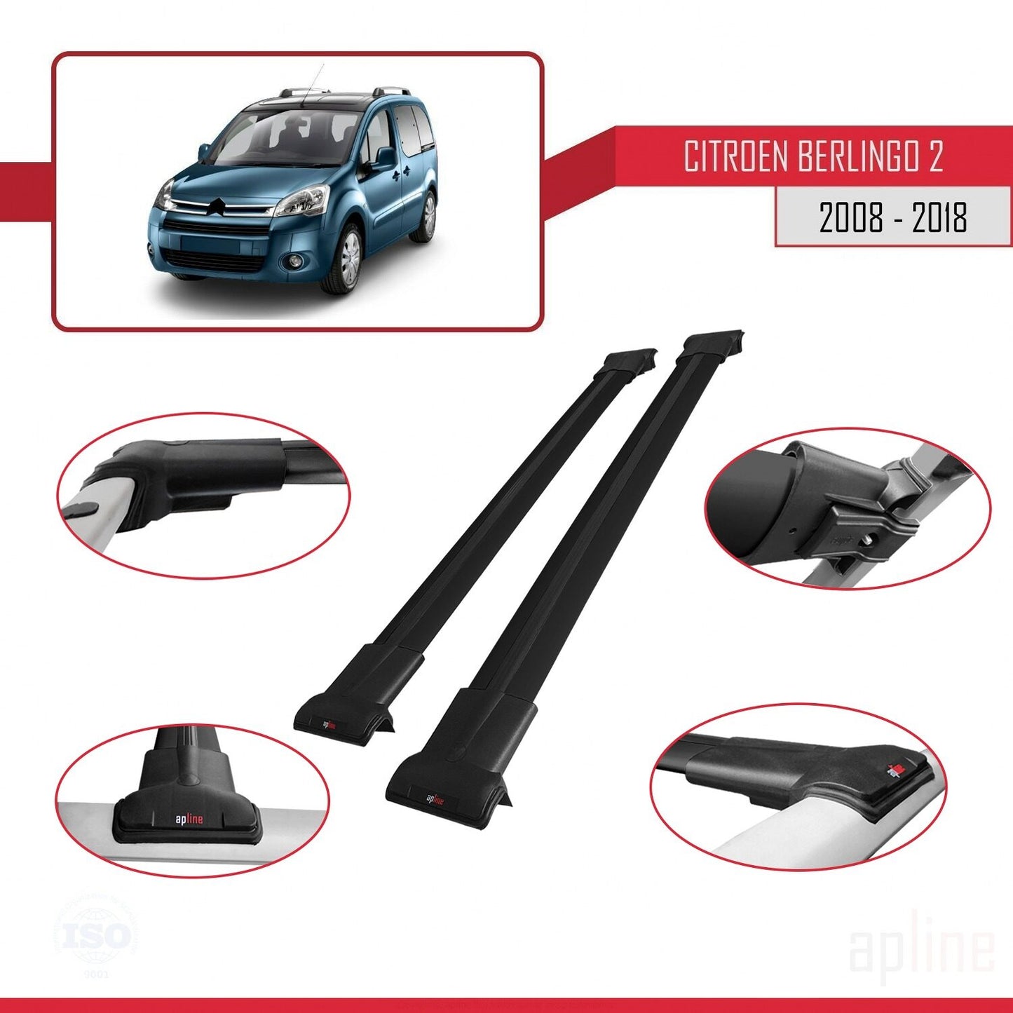 Compatible avec Citroen Berlingo 2 (B9) 2008-2018 FLY Model Barres de Toit Railing Porte-Bagages de Voiture Noir Aluminium 2 Barres