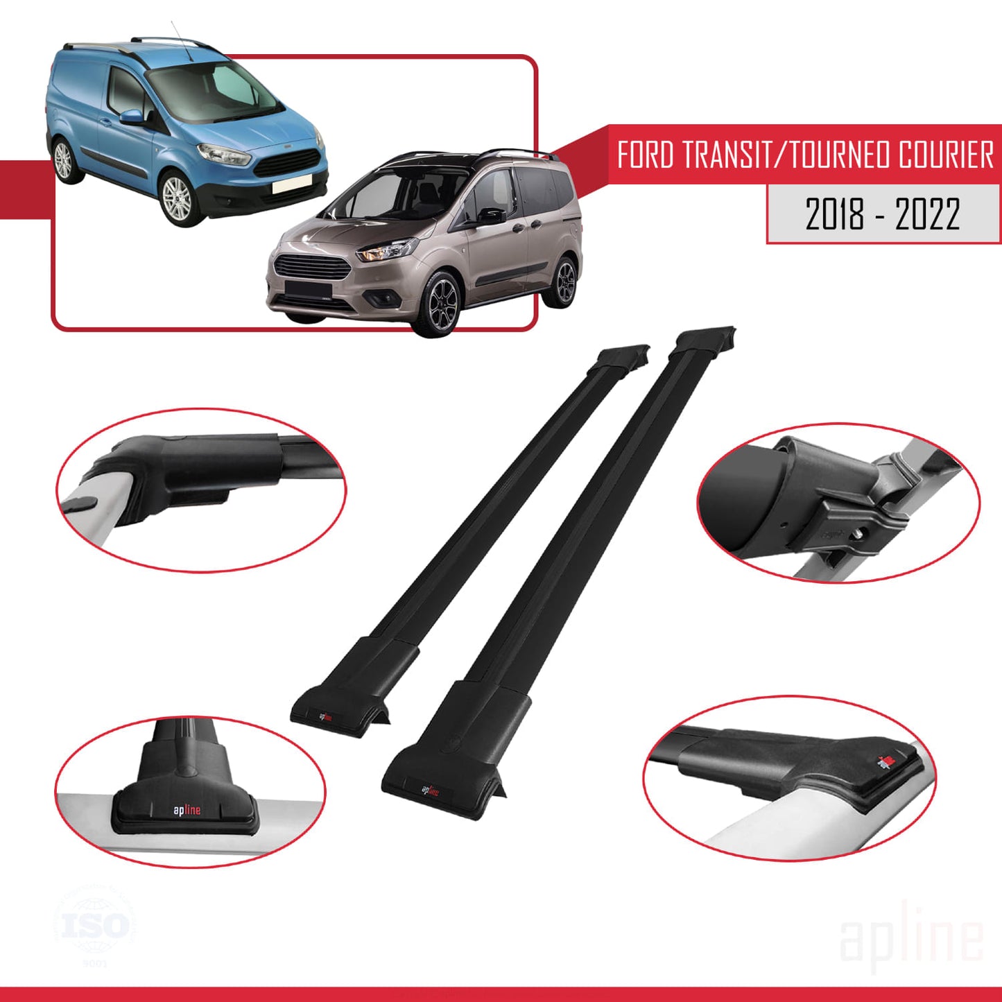 Compatible avec Ford Transit/Tourneo Courier Post-Facelift 2018-2022 FLY Model Barres de Toit Railing Porte-Bagages de Voiture Noir Aluminium 2 Barres