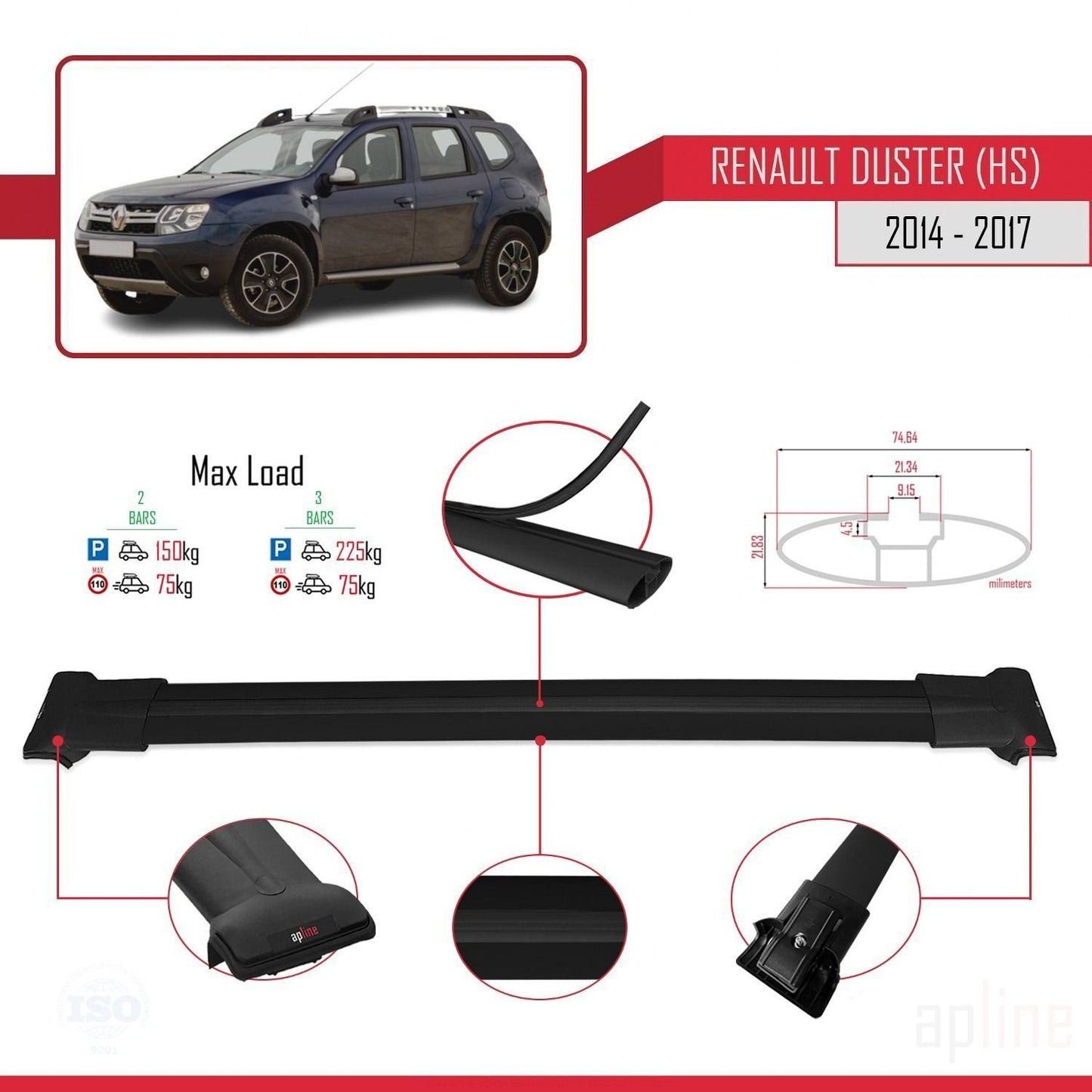 Compatibile con Renault Duster (HS) Post-Facelift 2014-2017 FLY Model Barre Tetto Portapacchi Auto Barre Portatutto Nero Alluminio 2 Barre