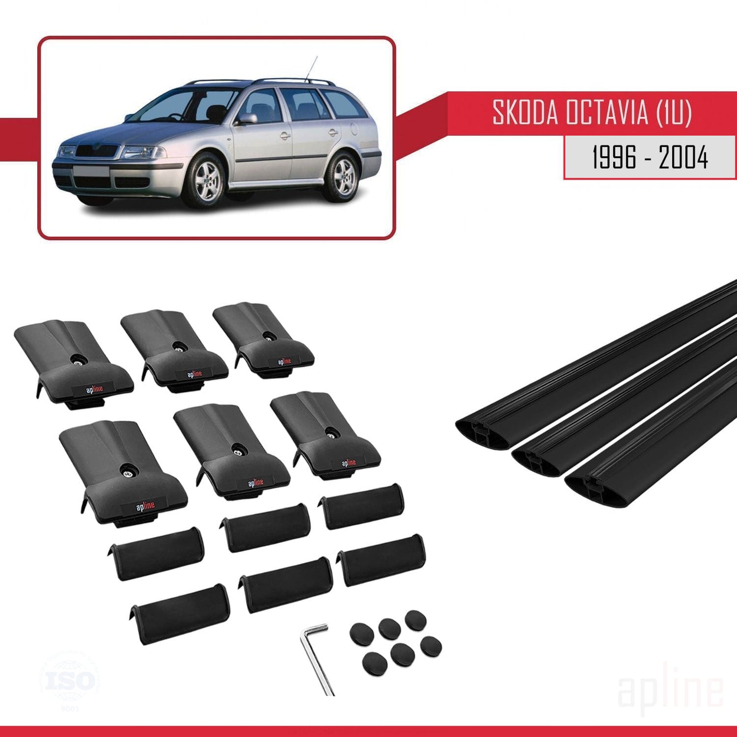 Compatible avec Skoda Octavia (1U) 1996-2004 FLY Model Barres de Toit Railing Porte-Bagages de Voiture Noir Aluminium 3 Barres