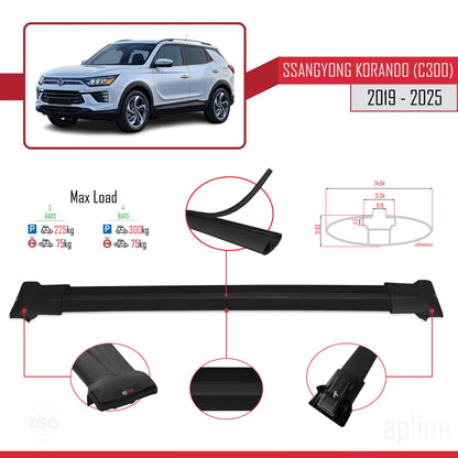 Compatible avec Ssangyong Korando 4 (C300) 2019-2025 FLY Model Barres de Toit Railing Porte-Bagages de Voiture Noir Aluminium 3 Barres