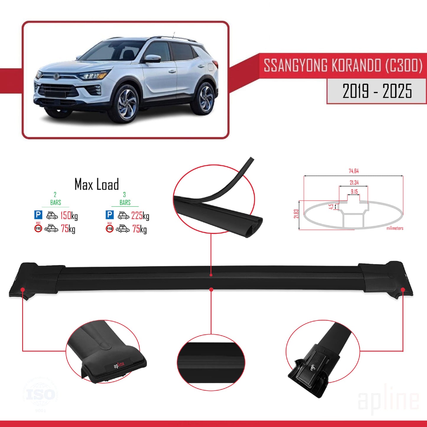 Compatible avec Ssangyong Korando 4 (C300) 2019-2025 FLY Model Barres de Toit Railing Porte-Bagages de Voiture Noir Aluminium 2 Barres