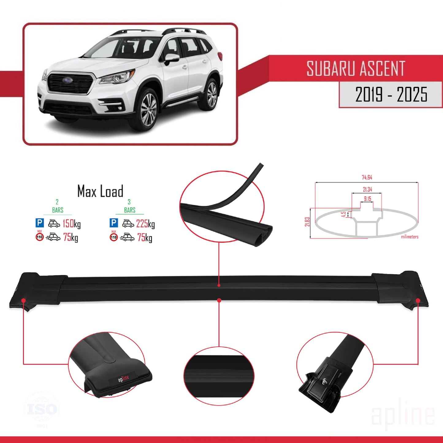 Compatibile con Subaru Ascent 2019-2025 FLY Model Barre Tetto Portapacchi Auto Barre Portatutto Nero Alluminio 2 Barre