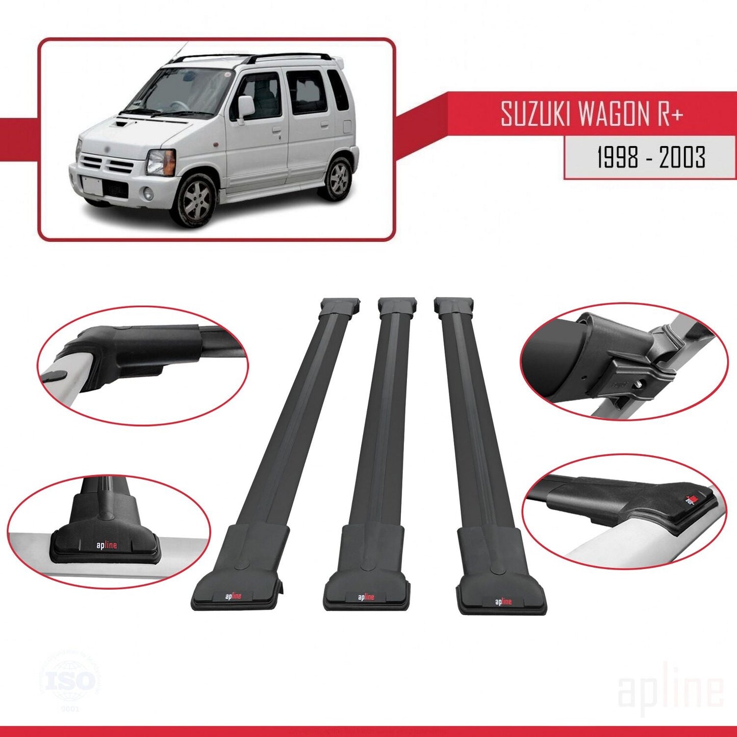 Kompatibel mit Suzuki Wagon R+ 1998-2003 FLY Model Relingträger Dachträger Auto Gepäckträger Schwarz Aluminium 3 Stangen