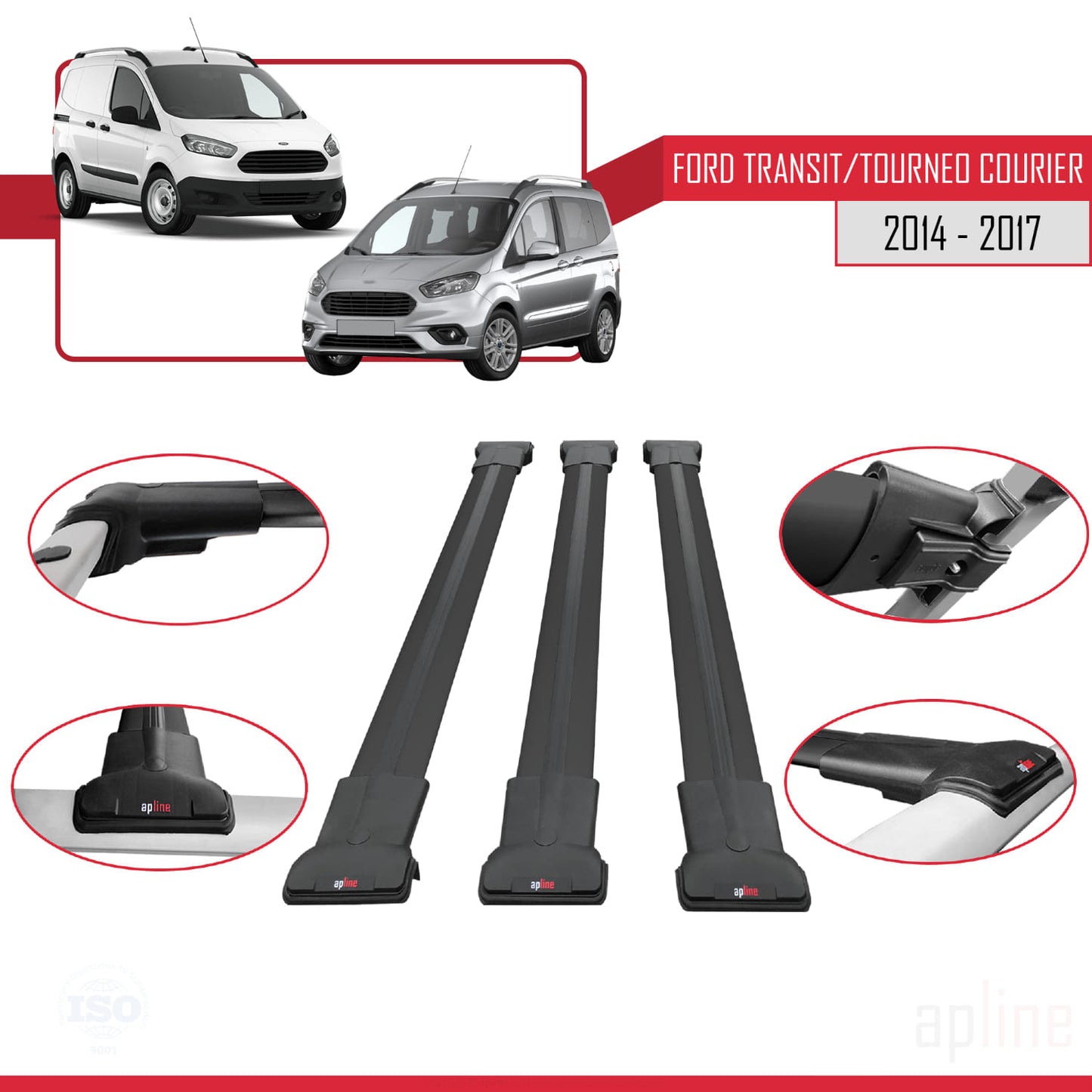 Compatibile con Ford Transit/Tourneo Courier Pre-Facelift 2014-2017 modello FLY Barre portatutto per auto Portapacchi in alluminio nero 3 barre