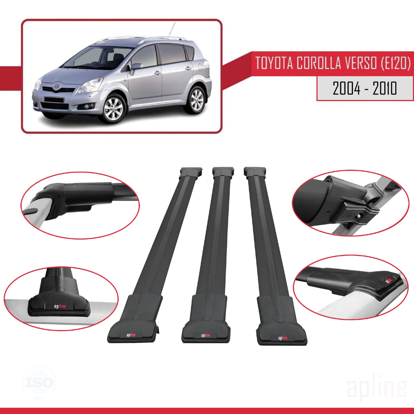 Compatible avec Toyota Corolla Verso 2 (AR10) 2004-2010 FLY Model Barres de Toit Railing Porte-Bagages de Voiture Noir Aluminium 3 Barres