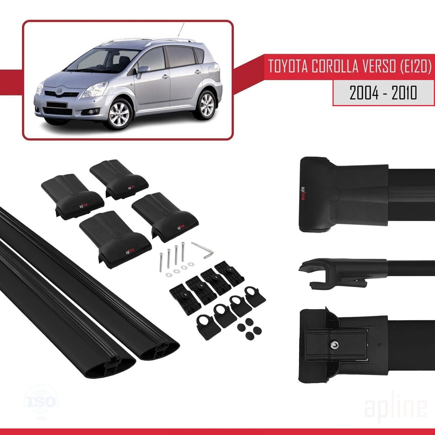 Compatible avec Toyota Corolla Verso 2 (AR10) 2004-2010 FLY Model Barres de Toit Railing Porte-Bagages de Voiture Noir Aluminium 2 Barres