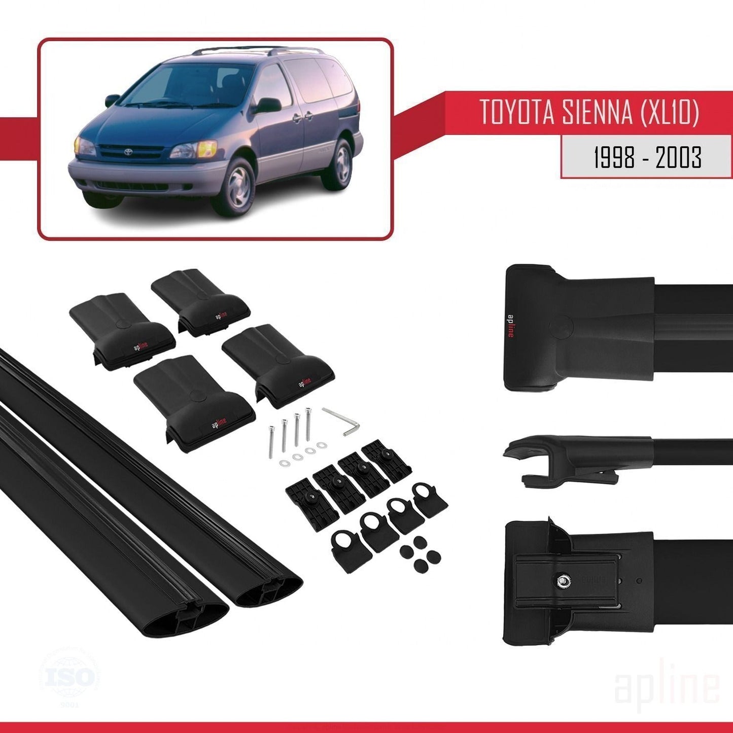 Compatible avec Toyota Sienna (XL10) 1998-2003 FLY Model Barres de Toit Railing Porte-Bagages de Voiture Noir Aluminium 2 Barres