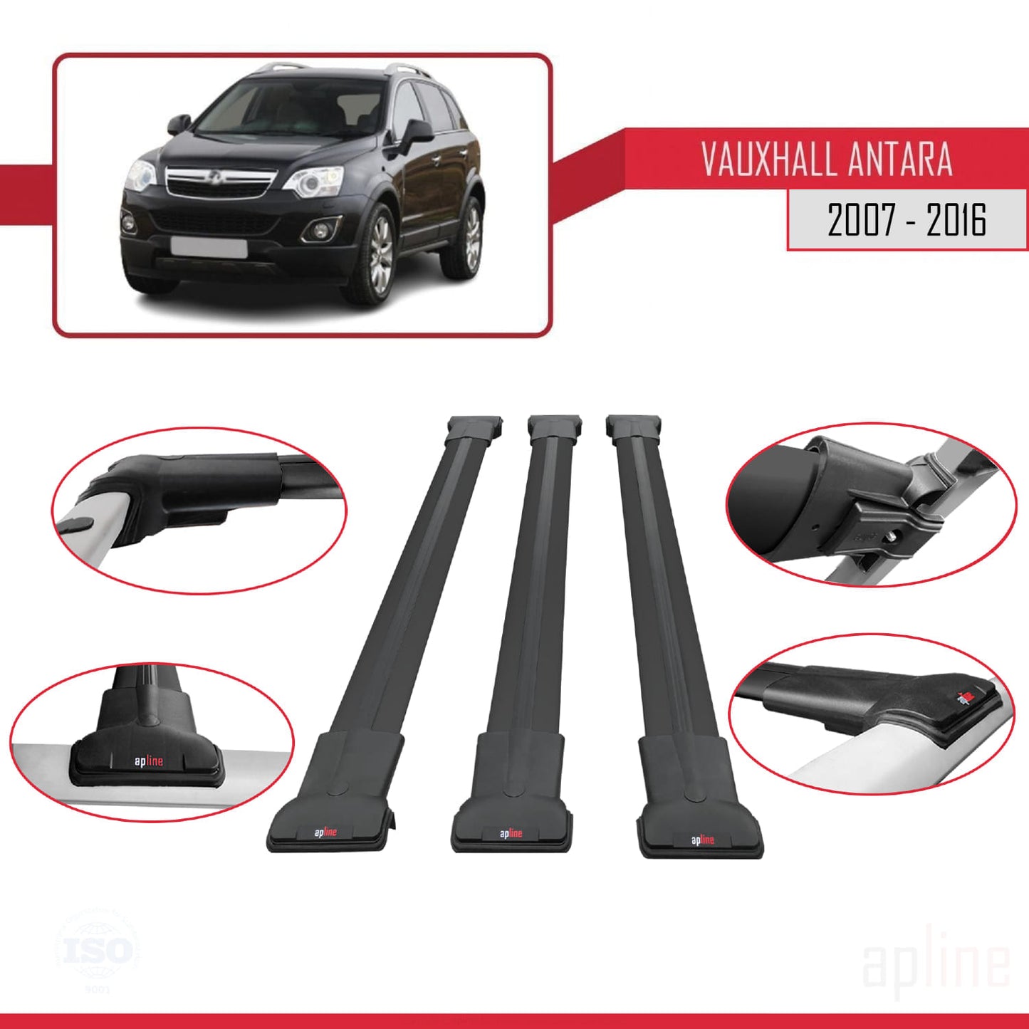 Compatible avec Vauxhall Antara 2007-2016 FLY Model Barres de Toit Railing Porte-Bagages de Voiture Noir Aluminium 3 Barres