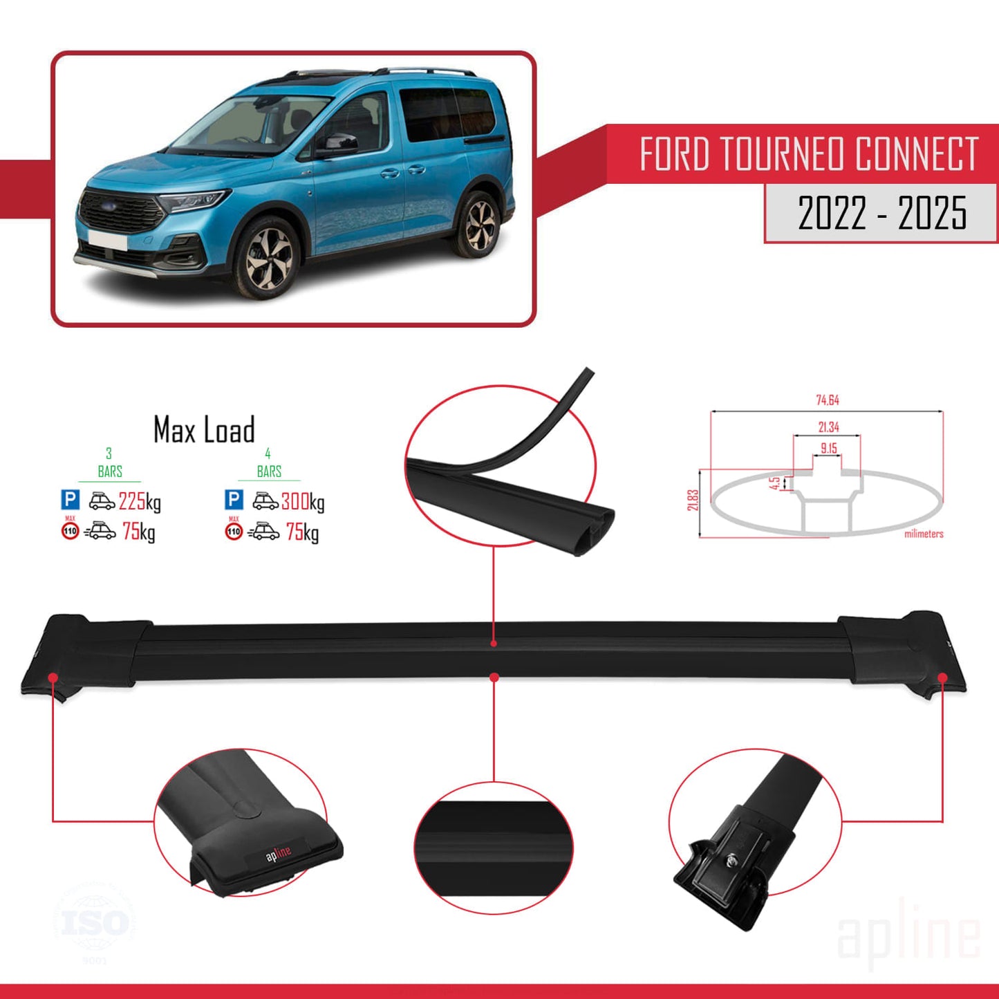 Compatibile con Ford Transit/Tourneo Connect 3 2022-2025 FLY Model Barre Tetto Portapacchi Auto Barre Portatutto Nero Alluminio 3 Barre