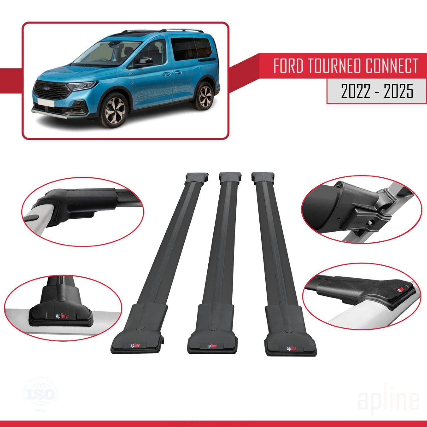 Compatibile con Ford Transit/Tourneo Connect 3 2022-2025 FLY Model Barre Tetto Portapacchi Auto Barre Portatutto Nero Alluminio 3 Barre