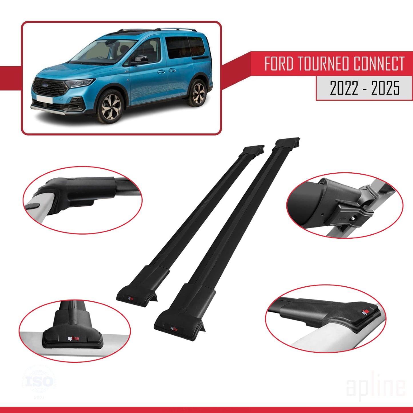Compatible avec Ford Transit/Tourneo Connect 3 2022-2025 FLY Model Barres de Toit Railing Porte-Bagages de Voiture Noir Aluminium 2 Barres