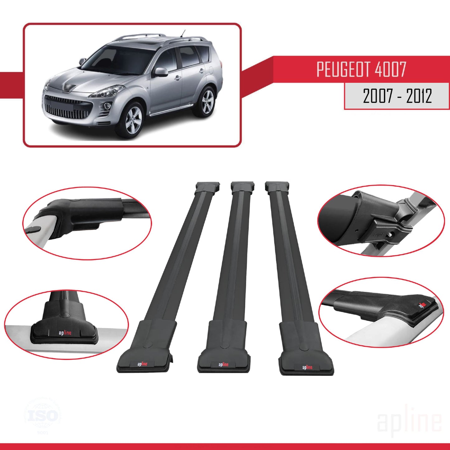 Compatible avec Peugeot 4007 2007-2012 FLY Model Barres de Toit Railing Porte-Bagages de Voiture Noir Aluminium 3 Barres