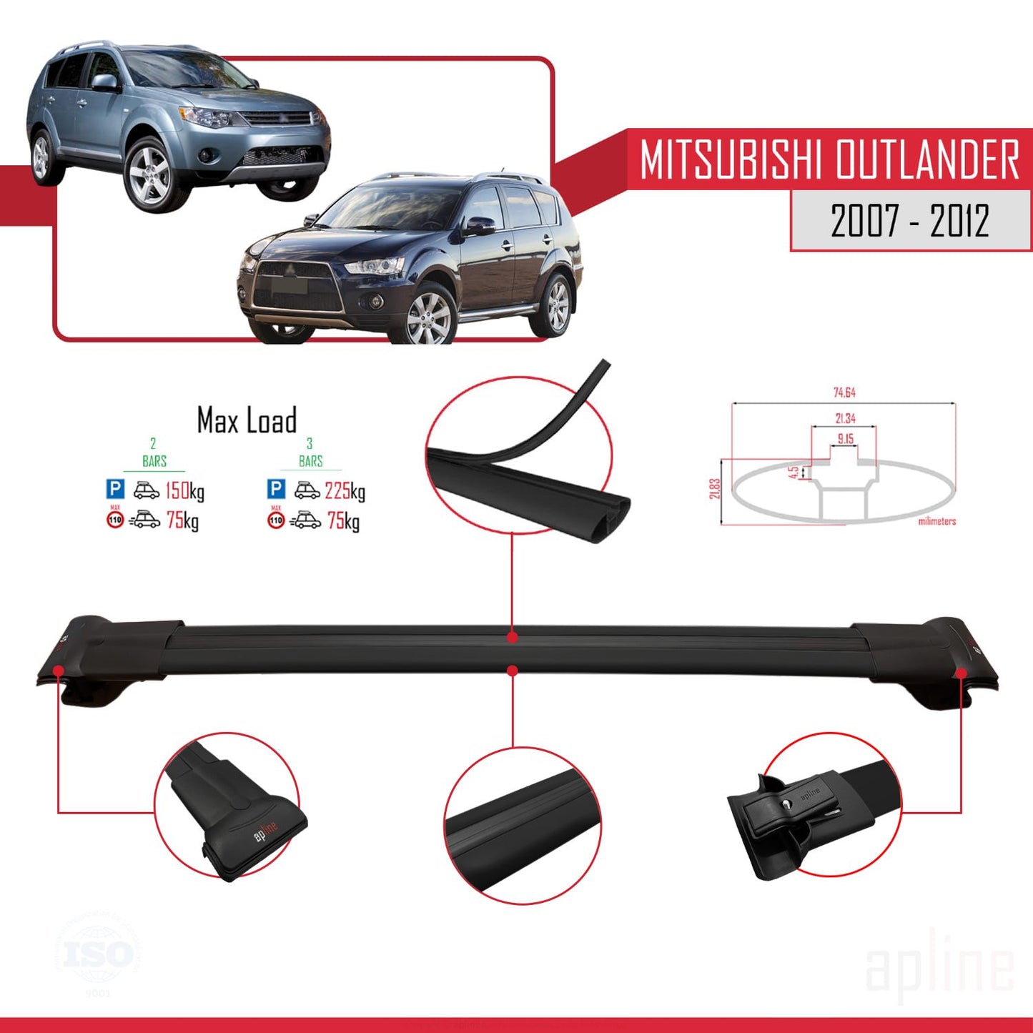 Compatible avec Mitsubishi Outlander 2 2007-2012 FLY Model Barres de Toit Railing Porte-Bagages de Voiture Noir Aluminium 2 Barres