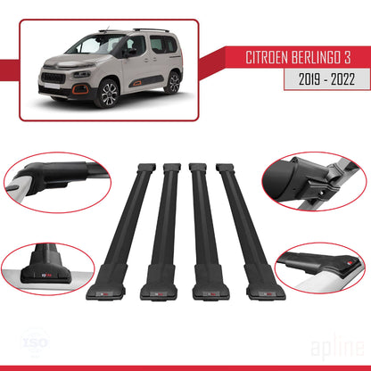 Compatible avec Citroen Berlingo 3 (K9) 2019-2022 FLY Model Barres de Toit Railing Porte-Bagages de Voiture Noir Aluminium 4 Barres