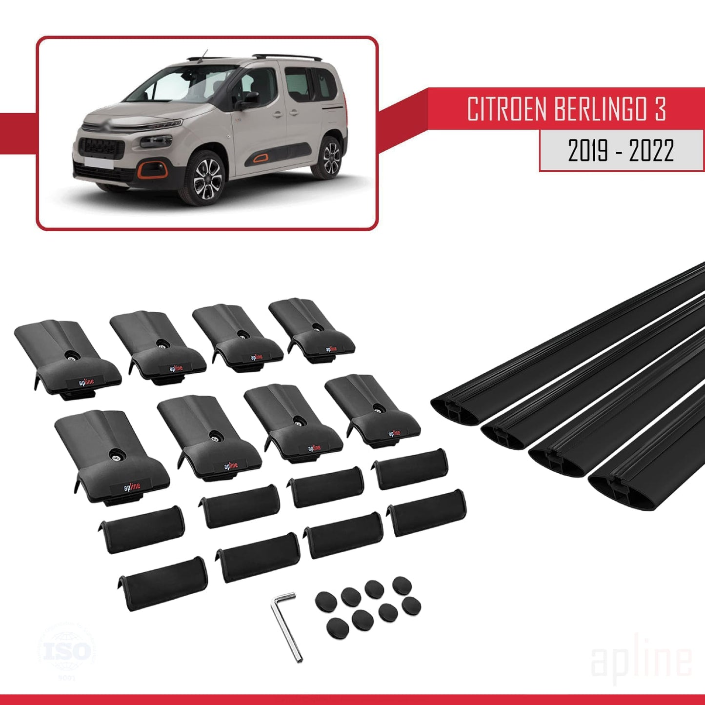 Compatible avec Citroen Berlingo 3 (K9) 2019-2022 FLY Model Barres de Toit Railing Porte-Bagages de Voiture Noir Aluminium 4 Barres