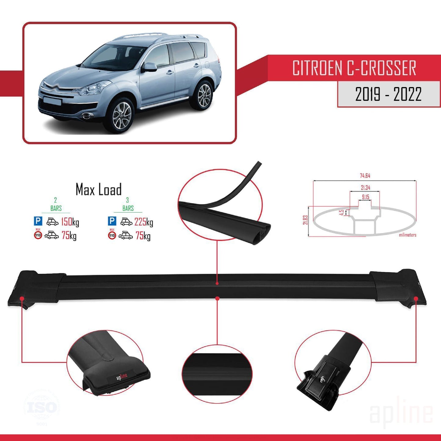 Compatible avec Citroen Berlingo 3 (K9) 2019-2022 FLY Model Barres de Toit Railing Porte-Bagages de Voiture Noir Aluminium 2 Barres