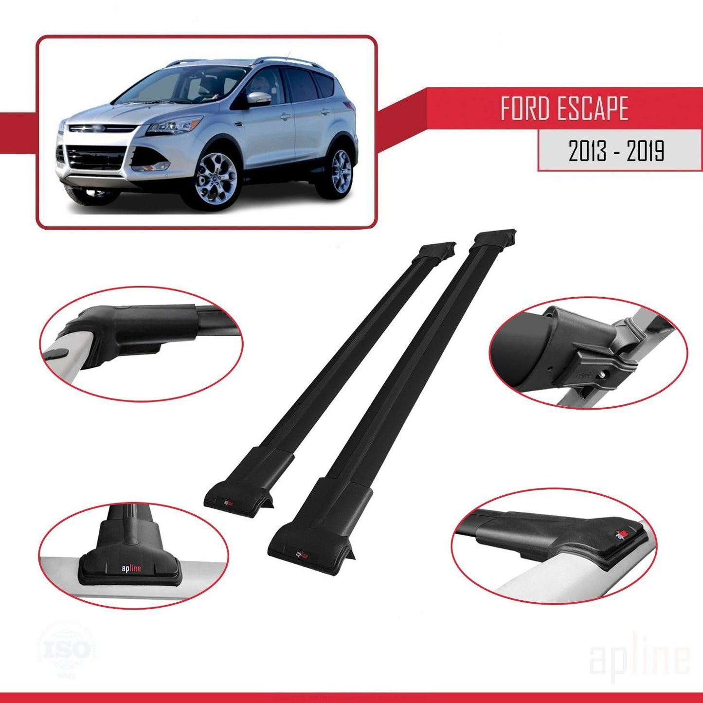 Kompatibel mit Ford Escape 3 2013-2019 FLY Modell Dachgepäckträger, schwarzes Aluminium, 2 Stangen