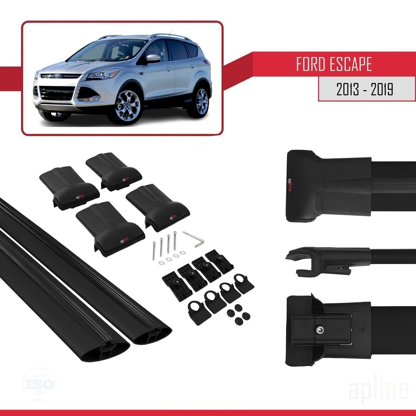 Kompatibel mit Ford Escape 3 2013-2019 FLY Modell Dachgepäckträger, schwarzes Aluminium, 2 Stangen