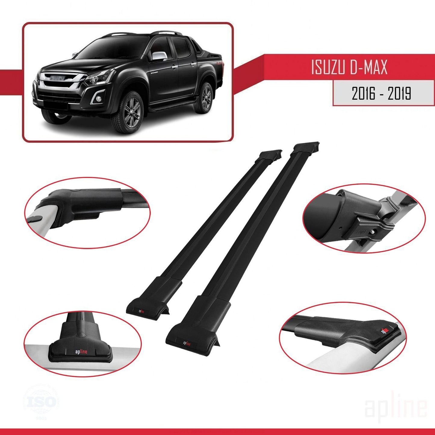 Compatible avec Isuzu D-Max 2 (RT85) Post-Facelift 2016-2019 FLY Model Barres de Toit Railing Porte-Bagages de Voiture Noir Aluminium 2 Barres