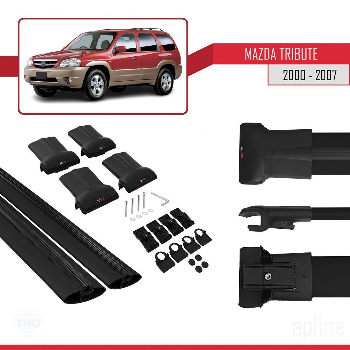 FLY Model Dakdrager bagagedrager compatibel met Mazda Tribute 2000-2007 Spoorstaven Zwart Aluminium 2 Staven