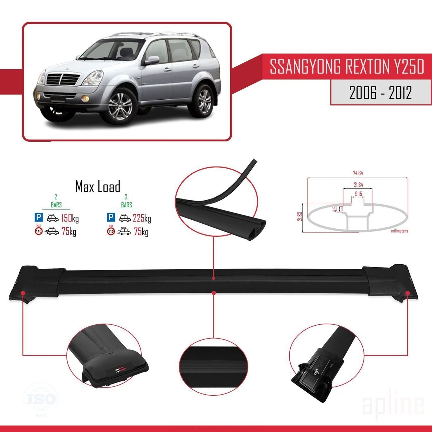 FLY Model Dakdrager bagagedrager compatibel met Ssangyong Rexton (Y250) 2006-2012 Spoorstaven Zwart Aluminium 2 Staven