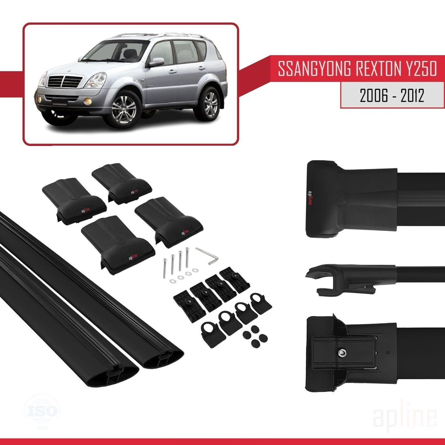 FLY Model Dakdrager bagagedrager compatibel met Ssangyong Rexton (Y250) 2006-2012 Spoorstaven Zwart Aluminium 2 Staven