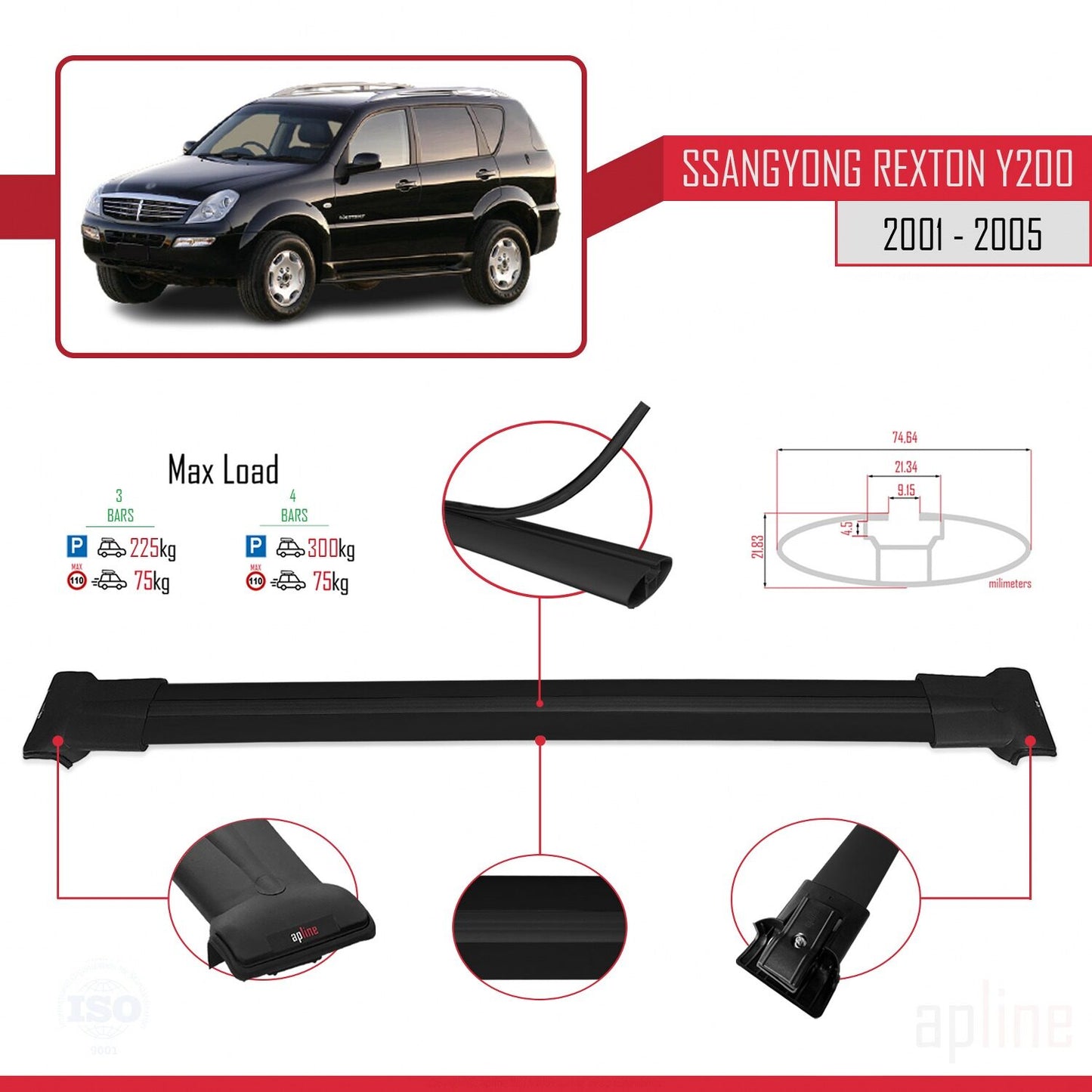 Compatible con Ssangyong Rexton (Y200) 2001-2005 FLY Model Barras de Techo Auto Portaequipajes Barras Transversales Negro Aluminio 3 Barras