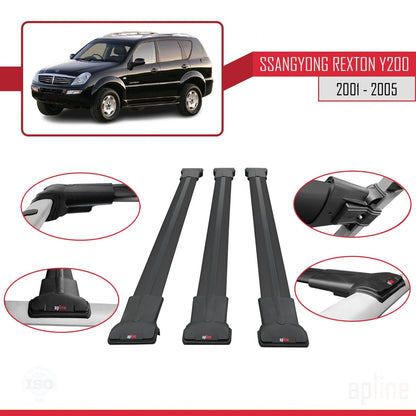 Compatible con Ssangyong Rexton (Y200) 2001-2005 FLY Model Barras de Techo Auto Portaequipajes Barras Transversales Negro Aluminio 3 Barras