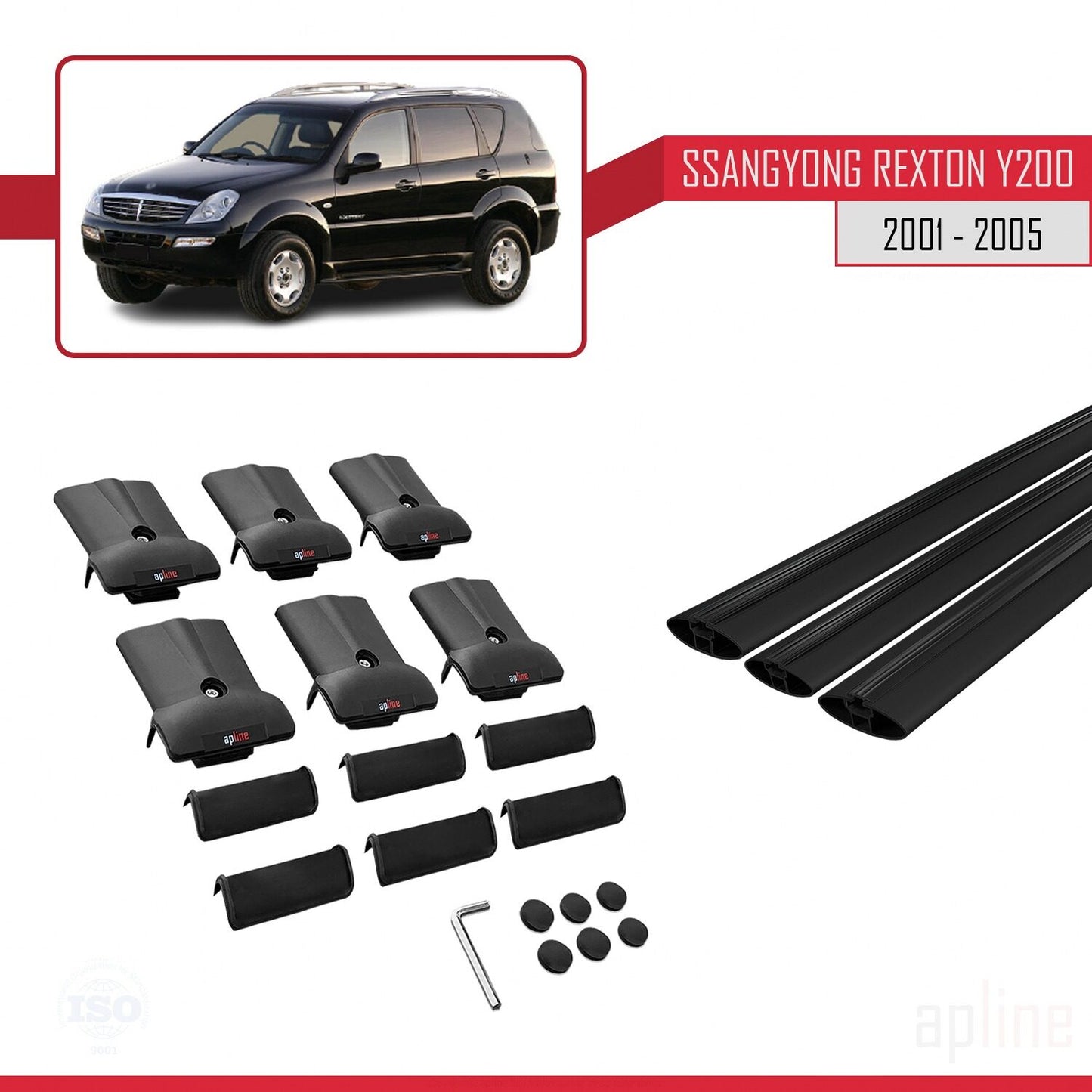 Compatible con Ssangyong Rexton (Y200) 2001-2005 FLY Model Barras de Techo Auto Portaequipajes Barras Transversales Negro Aluminio 3 Barras
