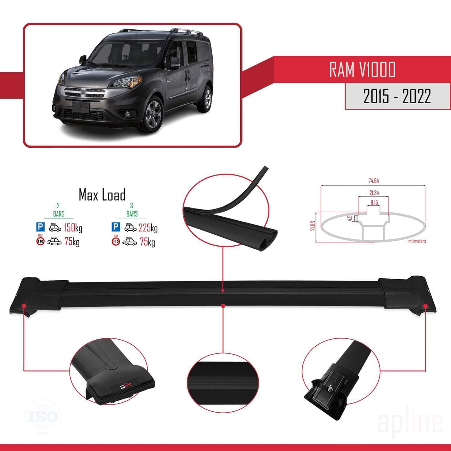 Compatible avec Ram V1000 2015-2022 FLY Model Barres de Toit Railing Porte-Bagages de Voiture Noir Aluminium 2 Barres