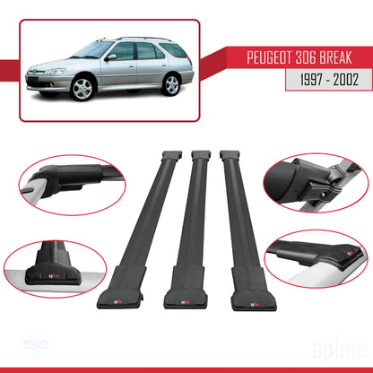 Compatibile con Peugeot 306 SW 1997-2002 FLY Model Barre Tetto Portapacchi Auto Barre Portatutto Nero Alluminio 3 Barre