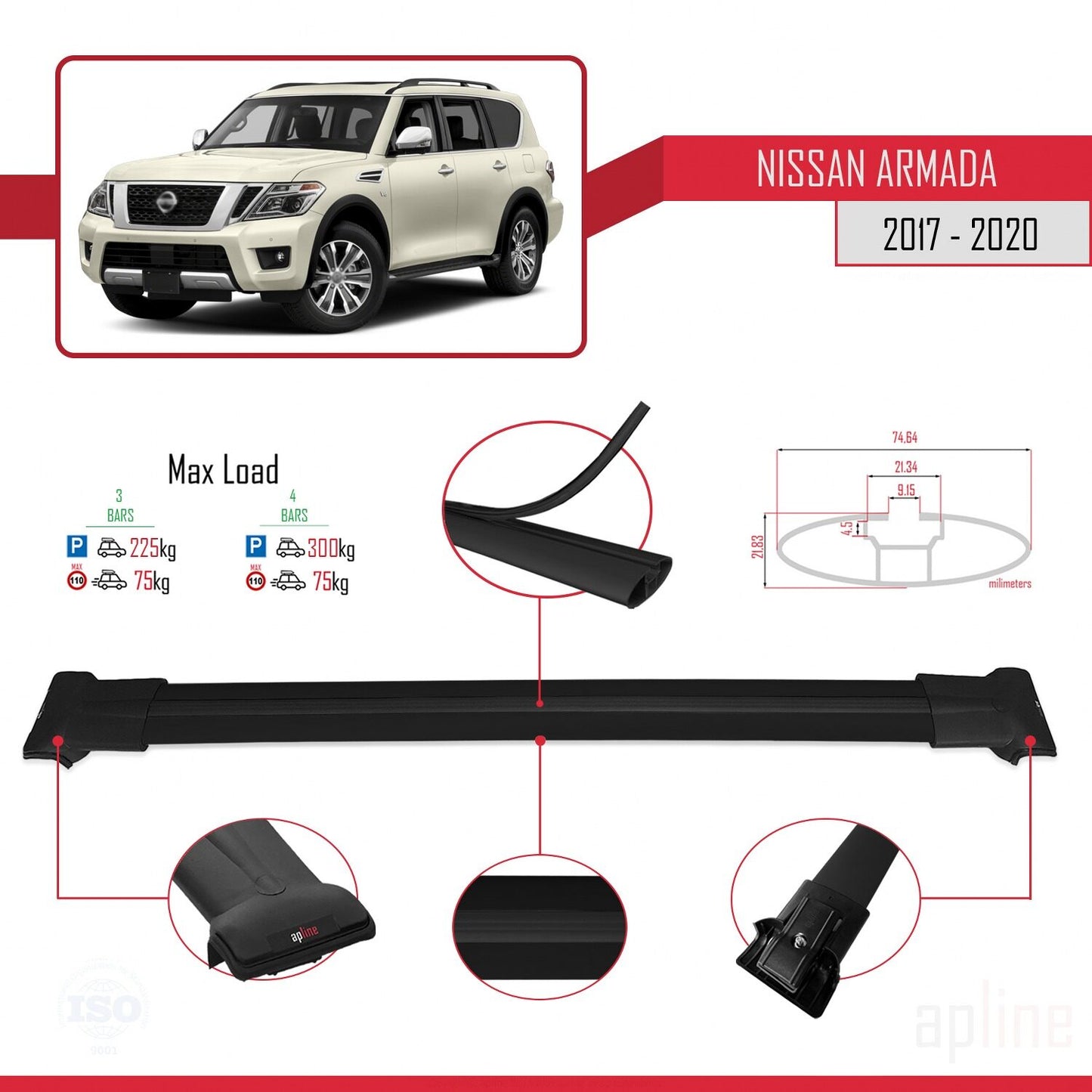 Compatible avec Nissan Armada 2 (Y62) 2017-2020 FLY Model Barres de Toit Railing Porte-Bagages de Voiture Noir Aluminium 3 Barres
