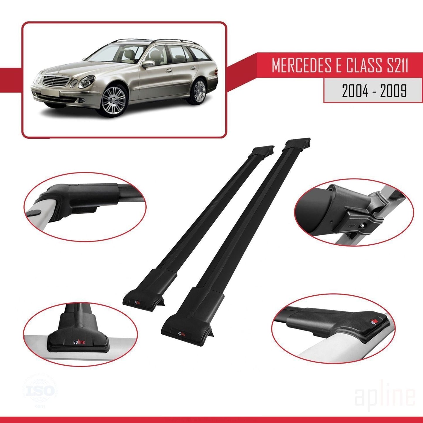 FLY Model Dakdrager bagagedrager compatibel met Mercedes E Klasse 3 (S211) 2004-2009 Spoorstaven Zwart Aluminium 2 Staven