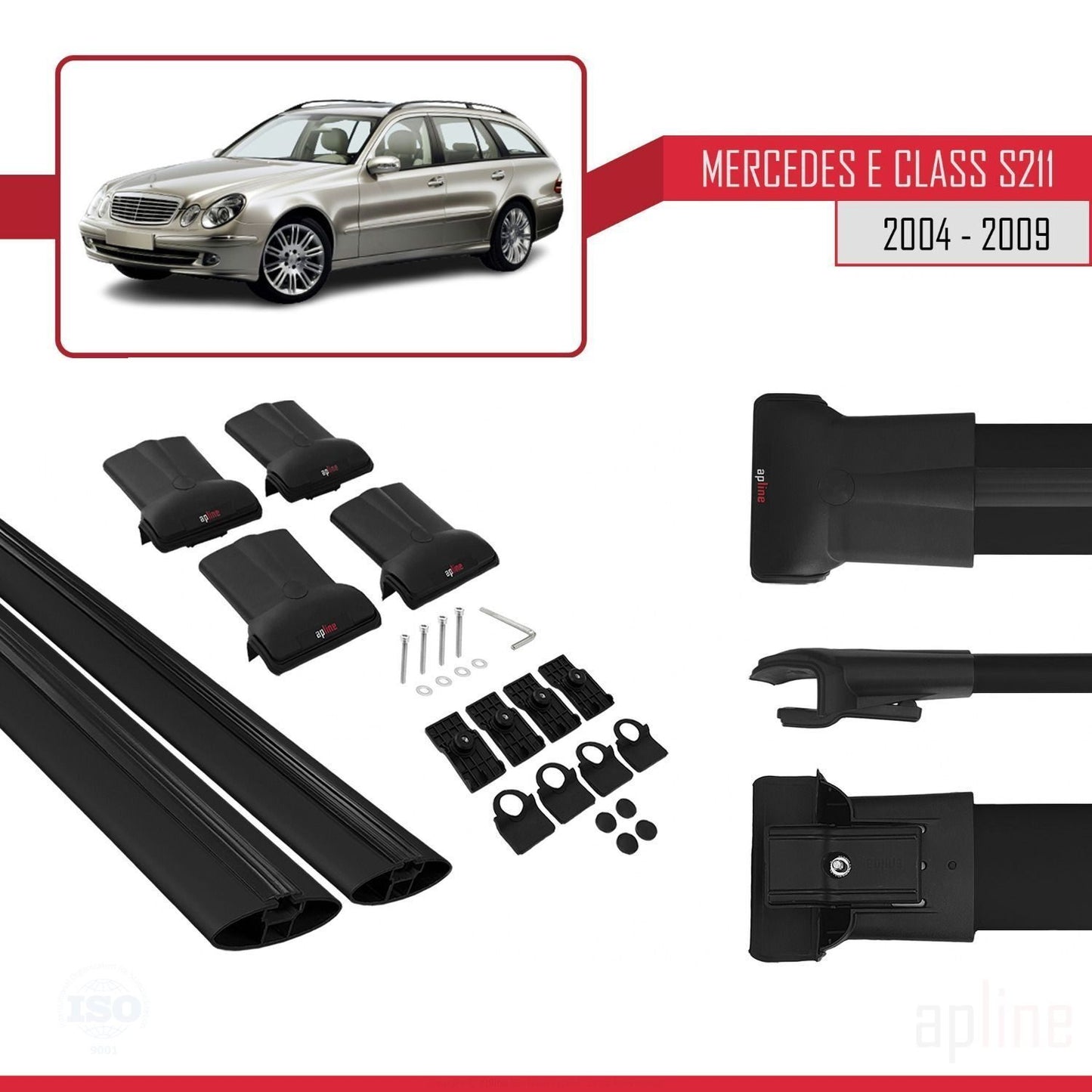 FLY Model Dakdrager bagagedrager compatibel met Mercedes E Klasse 3 (S211) 2004-2009 Spoorstaven Zwart Aluminium 2 Staven