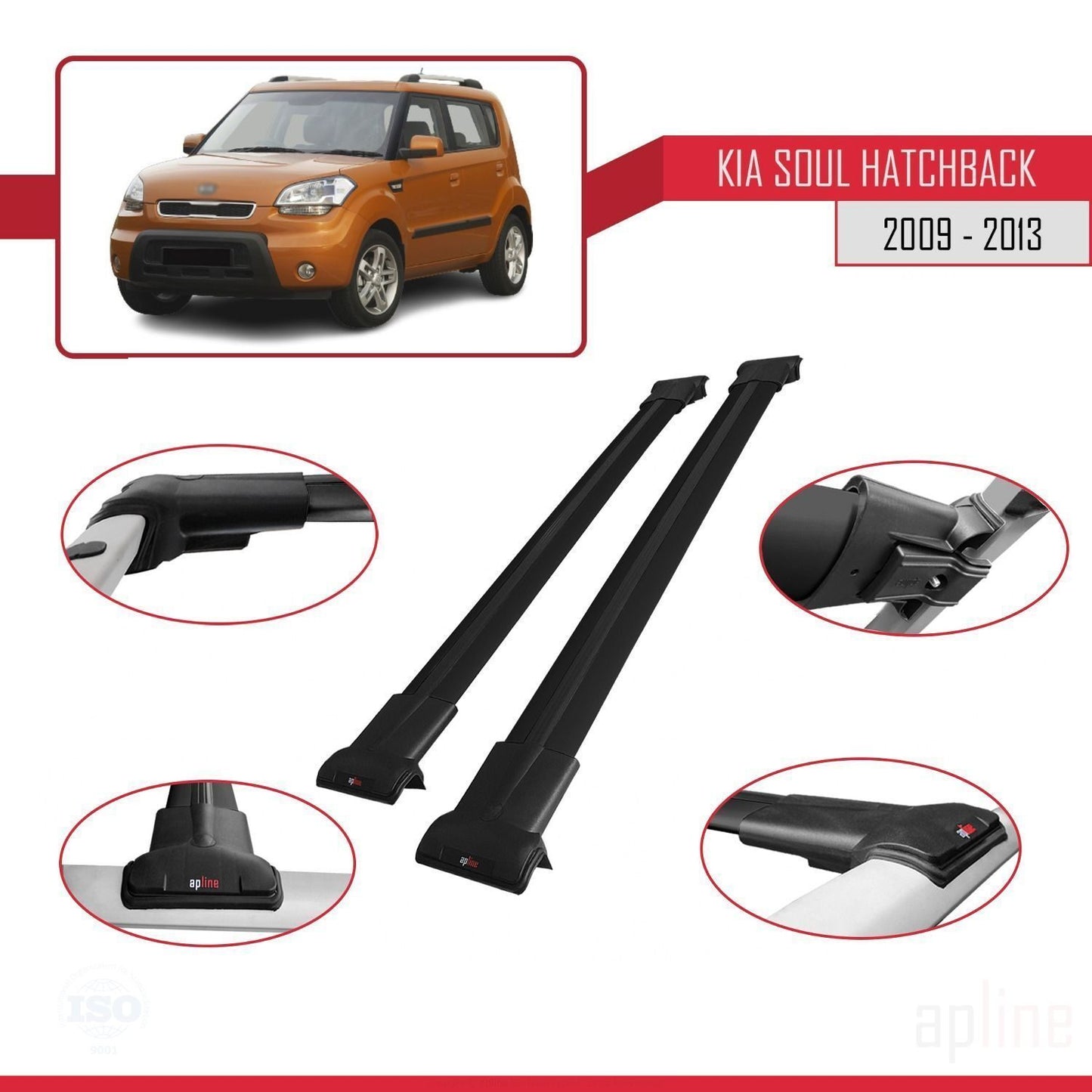 Compatible avec Kia Soul (AM) HB 2009-2013 FLY Model Barres de Toit Railing Porte-Bagages de Voiture Noir Aluminium 2 Barres