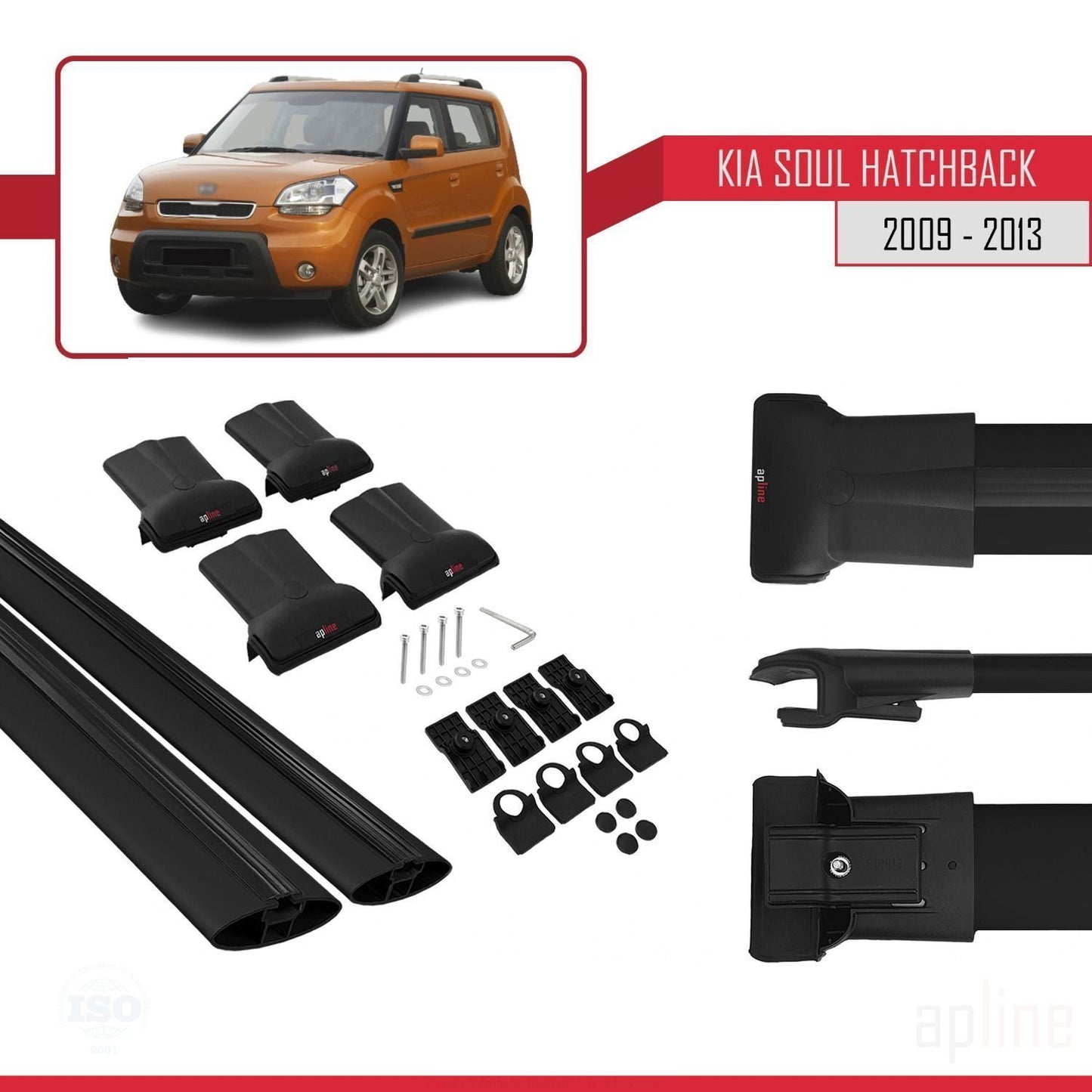 Compatible avec Kia Soul (AM) HB 2009-2013 FLY Model Barres de Toit Railing Porte-Bagages de Voiture Noir Aluminium 2 Barres