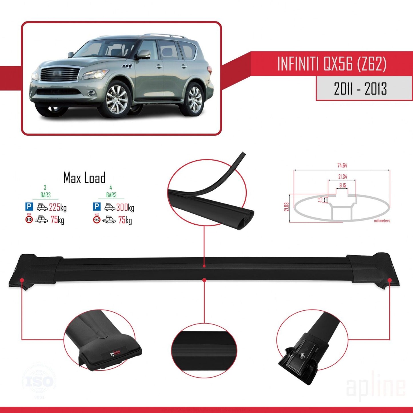 Compatibile con Infiniti QX56 (Z62) 2011-2013 modello FLY Barre portatutto per auto Portapacchi in alluminio nero 3 barre