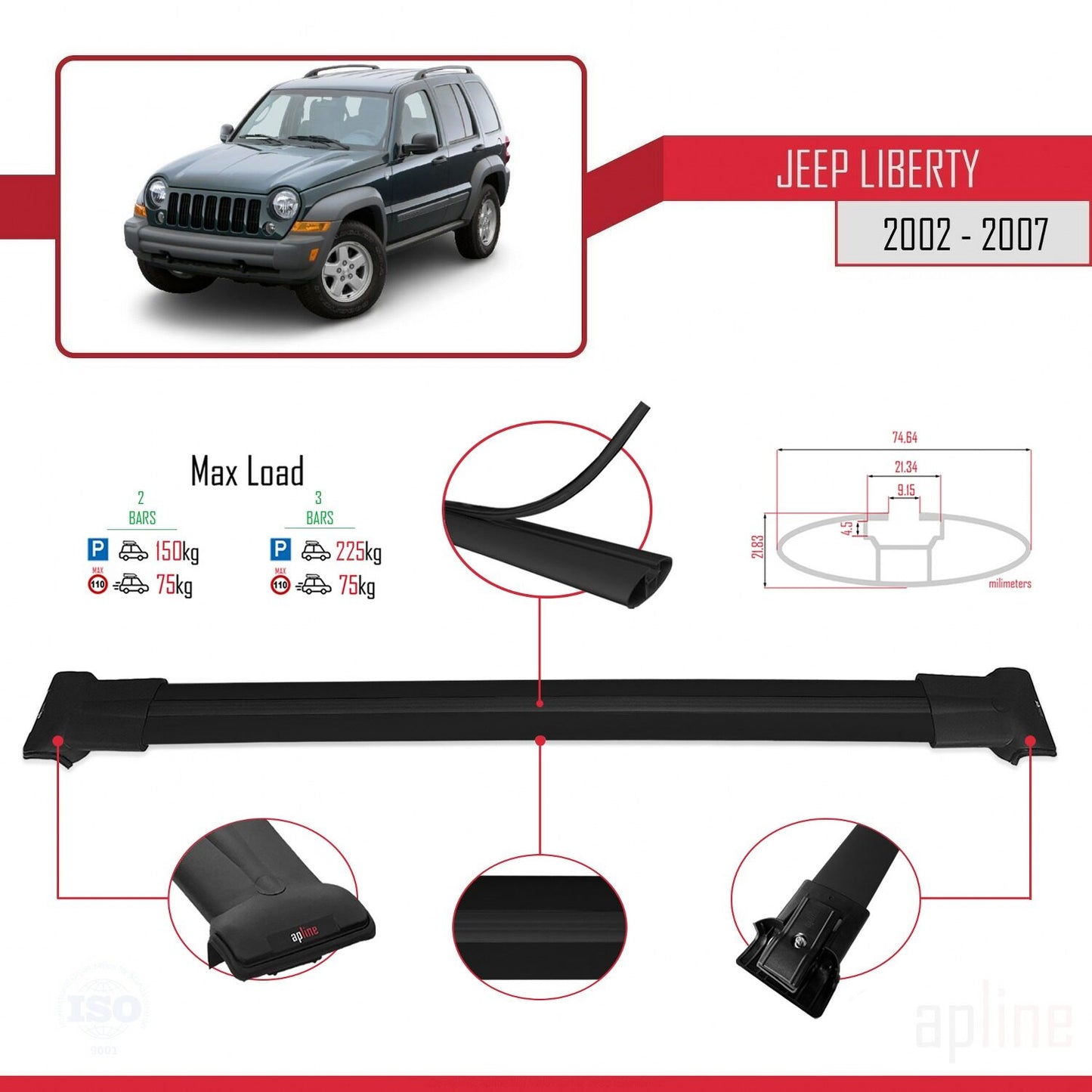 Kompatibel mit Jeep Liberty 2002-2007 FLY Model Relingträger Dachträger Auto Gepäckträger Schwarz Aluminium 2 Stangen