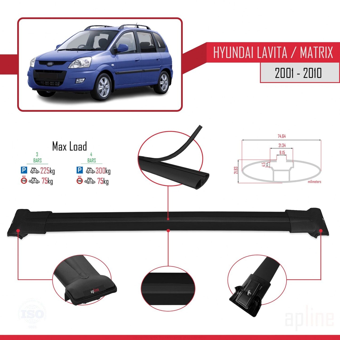 Compatibile con Hyundai Matrix (FC) 2001-2010 FLY Model Barre Tetto Portapacchi Auto Barre Portatutto Nero Alluminio 3 Barre