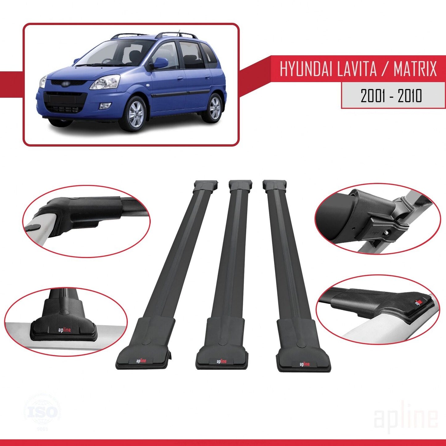 Compatibile con Hyundai Matrix (FC) 2001-2010 FLY Model Barre Tetto Portapacchi Auto Barre Portatutto Nero Alluminio 3 Barre