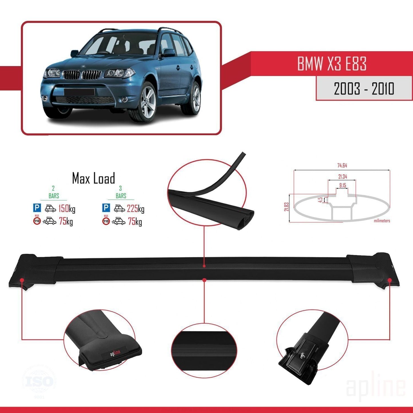 Compatibile con BMW X3 (E83) 2003-2010 FLY Model Barre Tetto Portapacchi Auto Barre Portatutto Nero Alluminio 2 Barre